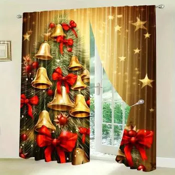 Комплект из 2 предметов: Золотой Санта и Снеговик, Рождественская елка, Карманный дизайн для штор в гостиную, спальню, кухню, кафе - смягчает вид (W50cmxH130cm)x2&Rod Pocket