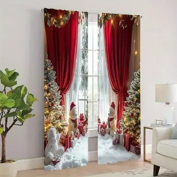 Комплект из 2 рождественских штор — легко вешать, можно стирать, прочные, обеспечивают изоляцию, шумоподавление и фильтрацию света — идеально подходят для спальни 2x50W130H(CM)40x51in&Hook
