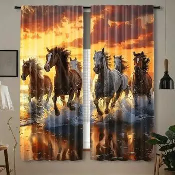 Комплект из 2 шт. элегантных штор из полиэстера с принтом лошади для спальни и гостиной, дизайн с карманами на штанге, легко подвешивается, можно стирать в стиральной машине 2x50W130H(CM)40x51in&Hook