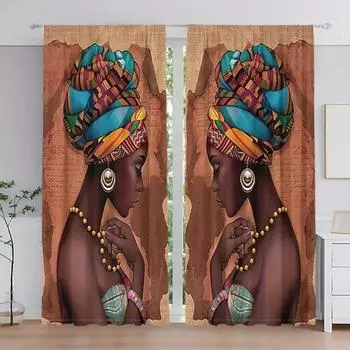 Комплект из 2 шт. Декоративные шторы в африканском стиле для спальни и гостиной - полиэстер, тканый дизайн, карниз не требуется 2x50W160H(CM)40x63in&Hook