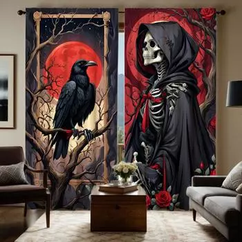 Комплект из 2 шт. HD декоративная занавеска Хэллоуин Роза Череп Орел Черный Галстук цифровая печать занавеска Домашний декор стиль Украсить Гостиную W52H63inchW132H160cm