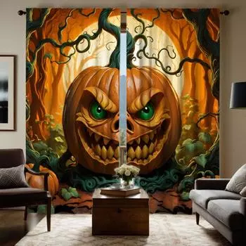 Комплект из 2 шт. HD Хэллоуин Тыква Призрак Виноградная лоза Желтая Галстук цифровая печать занавеска Домашний декор стиль Украсьте гостиную кровать W52H63inchW132H160cm