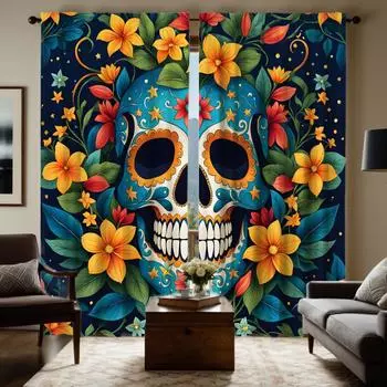 Комплект из 2 шт. HD Мексиканский День мертвых Цветы Цветочные занавески Синий Галстук цифровая печать занавески Домашний декор стиль Украсьте жизнь W52H63inchW132H160cm