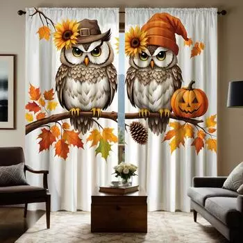 Комплект из 2 шт. HD Сова на Хэллоуин на кленовом дереве, украшенная занавеской с шапкой Санты, белая занавеска с цифровой печатью, украшение для дома W52H63inchW132H160cm