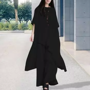 Комплект из 2 шт., хлопка, льна, топов и брюк, с круглым вырезом, с коротким рукавом и неровным подолом M вино красного