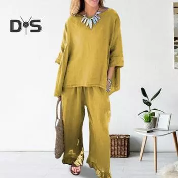 Комплект из 2 шт./компл., блузка, брюки, круглый вырез, рукава три четверти, топ с рюшами, широкие брюки, свободные брюки с эластичной резинкой на талии, повседневная домашняя одежда для поездок на работу, наряд 3XL жёлтый