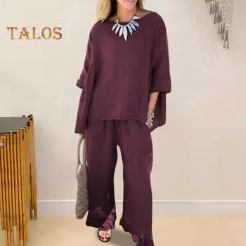 Комплект из 2 шт./компл., блузка, брюки, круглый вырез, рукава три четверти, топ с рюшами, широкие брюки, свободные брюки с эластичной резинкой на талии, повседневная домашняя одежда для поездок на работу, наряд 3XL жёлтый