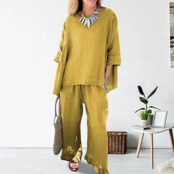 Комплект из 2 шт./компл., блузка, брюки, круглый вырез, рукава три четверти, топ с рюшами, широкие брюки, свободные брюки с эластичной резинкой на талии, повседневная домашняя одежда для поездок на работу, наряд 3XL жёлтый