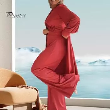 Комплект из 2 шт./компл., блузка и брюки, нерегулярный подол, круглый вырез с длинными рукавами, топ с широкими штанинами, свободные брюки больших размеров, повседневная домашняя одежда для поездок на работу, наряд M хаки