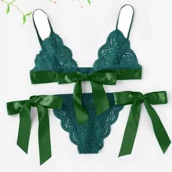 Комплект из 2 шт./компл., бюстгальтер и трусики, кружевной Uo с бантом, прозрачное кружево с v-образным вырезом на тонких бретельках, три точки, порнографическое женское нижнее белье, костюм S