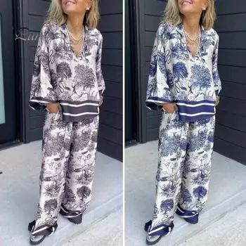 Комплект из 2 шт./компл., футболка, брюки, комплект с цветочным принтом, V-образным вырезом, длинными рукавами, богемный полосатый топ, широкие брюки, эластичные карманы на талии, брюки, женская повседневная одежда L синий