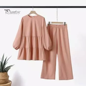 Комплект из 2 шт./компл., футболка, брюки, однотонный, с круглым вырезом, с длинными рукавами, плиссированный лоскутный топ, широкие брюки с эластичной резинкой на талии, брюки, женская повседневная одежда XL хаки