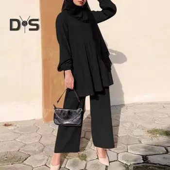 Комплект из 2 шт./компл., футболка, брюки, однотонный, с круглым вырезом, с длинными рукавами, плиссированный лоскутный топ, широкие брюки с эластичной резинкой на талии, брюки, женская повседневная одежда XL хаки