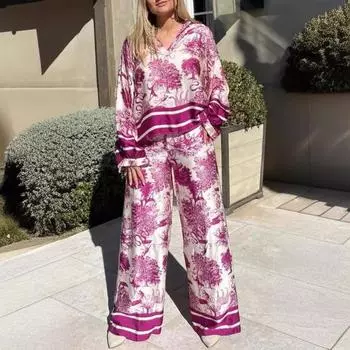 Комплект из 2 шт./компл., футболка, брюки, комплект с цветочным принтом, V-образным вырезом, длинными рукавами, богемный полосатый топ, широкие брюки, эластичные карманы на талии, брюки, женская повседневная одежда 2XL красный