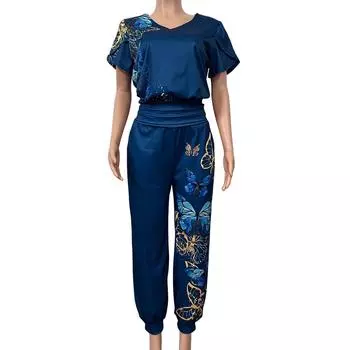 комплект из 2 шт./компл., футболка и брюки, комплект с высокой талией, трогательный, шикарный женский короткий топ, длинные широкие спортивные штаны, комплект повседневной одежды 2XL чёрный