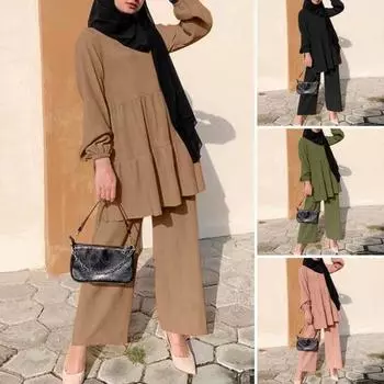 Комплект из 2 шт./компл., футболка и брюки, однотонный плиссированный топ с круглым вырезом и длинными рукавами в стиле пэчворк, широкие эластичные брюки с карманами на талии, женские брюки XL хаки