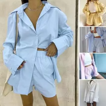 Комплект из 2 шт./компл., комплект из топа и шорт, повседневный комплект с отложным воротником и карманами, комплект женской одежды в полоску XL синий/белый