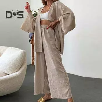 Комплект из 2 шт./компл., комплект из брюк и кардигана, однотонный свободный комплект с широкими штанинами и эластичной резинкой на талии, с глубоким промежутком и карманами с длинными рукавами, мягкое дышащее женское пальто, комплект брюк L зелёный