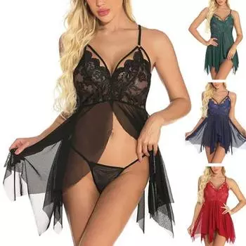 Комплект из 2 шт./компл., ночная рубашка, трусики, прозрачное кружево с глубоким вырезом, V-образным вырезом, без рукавов, с открытой спиной, неровный подол, с высокой талией, с цветочной вышивкой, брачная ночь XL красный