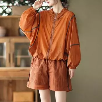 Комплект из 2 шт./компл., пальто, шорты, застежка-молния, рукава с капюшоном, свободный верх, шорты с эластичной резинкой на талии L темно-оранжевого