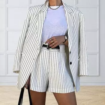 Комплект из 2 шт./компл., пальто, шорты, полосатый отложной воротник, однобортный, с длинным рукавом, свободный, с высокой талией, комплект женской куртки с шортами в комм... M белый