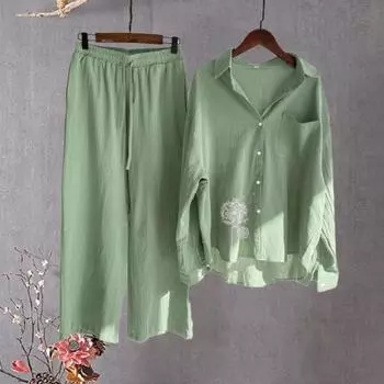 Комплект из 2 шт./компл., рубашка и брюки, комплект с лацканами, однобортный, однобортный, с широкими штанинами, с эластичной резинкой на талии, с принтом одуванчика, свободный повседневный комплект брюк с верхом на весну и осень M зелёный