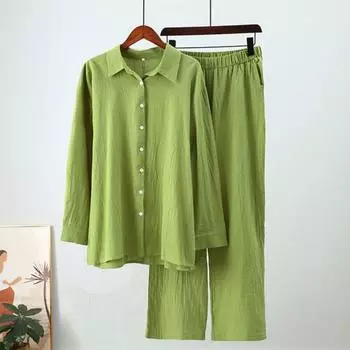 Комплект из 2 шт./компл., рубашка и брюки, однобортный, свободный, с эластичной резинкой на талии, с широкими лацканами и длинными рукавами, однотонная, мягкая дышащая плиссированная блузка, брюки M розы красного