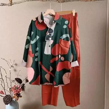 Комплект из 2 шт./компл., рубашка и брюки, комплект с цветными блоками и лацканами, с длинным рукавом, свободная эластичная талия, широкие брюки, мягкая повседневная женская блузка, комплект брюк One Size светло-синий