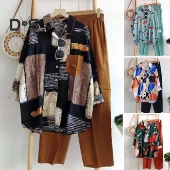 Комплект из 2 шт./компл., рубашка и брюки, однобортный однобортный комплект с цветными блоками, с длинными рукавами и эластичной резинкой на талии, с широкими штанинами, мягкая повседневная женская блузка, комплект брюк небесно-голубой