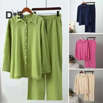 Комплект из 2 шт./компл., рубашка и брюки, однобортный, свободный, с эластичной резинкой на талии, с широкими лацканами и длинными рукавами, однотонный, мягкий, дышащий, плиссированный, блузка, комплект с брюками M розы красного