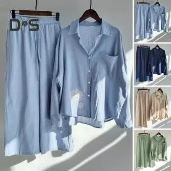 Комплект из 2 шт./компл., рубашка и брюки, комплект с лацканами, однобортный, однобортный, с широкими штанинами, с эластичной резинкой на талии, с принтом одуванчика, свободный повседневный комплект брюк с верхом на весну и осень M зелёный