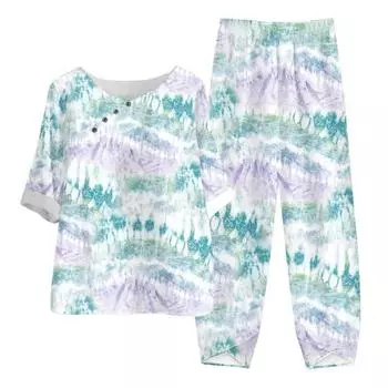 Комплект из 2 шт./компл. Топ и брюки с принтом и круглым вырезом, свободные пуговицы, декор, одинаковый цвет, с половиной рукавом, ретро, эластичная талия, широкие штанины S зелёный/жёлтый