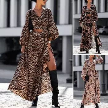 Комплект из 2 шт./компл., топ с юбкой, костюм с леопардовым принтом, комплект с длинными рукавами-фонариками, зашнуровать, V-образный вырез, открытая талия, высокая талия, макси-юбка с разрезом подол, блузка L кофейный