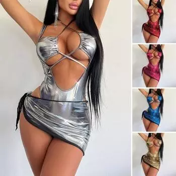 Комплект из 2 шт./компл. юбки-монокини, блестящая мини-юбка с бретелькой на шее, чистый цвет, узкая мини-юбка на шнуровке с высокой талией и открытой спиной, женский купальник, купальный костюм S красный