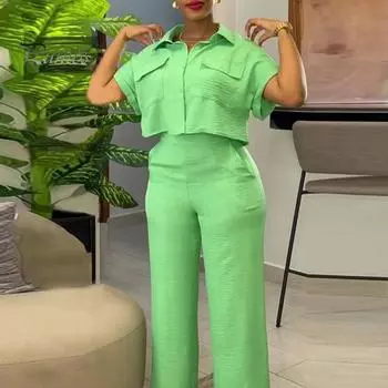 Комплект из 2 шт./компл., женская рубашка и брюки, комплект с отложным воротником и короткими рукавами, однобортный, однобортный, с высокой эластичной талией, с широкими штанинами, прямой OL, из двух частей S зелёный