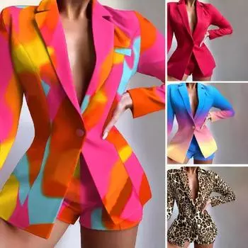 Комплект из 2 шт./компл., женский пиджак и шорты, комплект с длинными рукавами, приталенный крой, элегантный, с глубоким V-образным вырезом, стирать и носить, с леопардовым принтом L