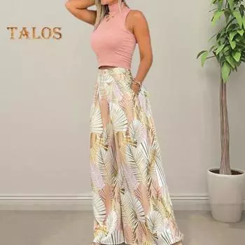 Комплект из 2 шт./компл., женский топ, брюки, комплект без рукавов с полувысоким воротником, облегающий комплект с высокой талией, широкими штанинами и глубоким промежутком, с цветочным принтом, отпуск, пляжный укороченный топ, комплект брюк XL розовый