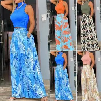 Комплект из 2 шт./компл., женский топ, брюки, комплект без рукавов с полувысоким воротником, облегающий комплект с высокой талией, широкими штанинами и глубоким промежутком, с цветочным принтом, отпуск, пляжный укороченный топ, комплект брюк 2XL розовый