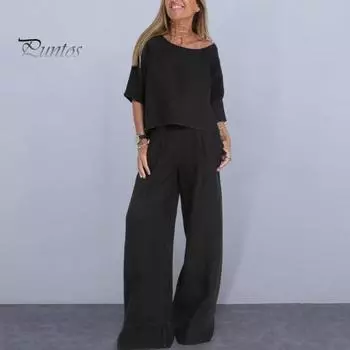 Комплект из 2 шт./компл., женский топ и брюки, комплект с V-образным вырезом, рукавом три четверти, свободная футболка, сплошной цвет, широкие брюки, повседневный комплект для поездок на работу, блузка и брюки 2XL жёлтый