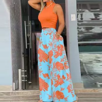 Комплект из 2 шт./компл., женский топ, брюки, комплект без рукавов с полувысоким воротником, облегающий комплект с высокой талией, широкими штанинами и глубоким промежутком, с цветочным принтом, комплект брюк с укороченным топом для отдыха, пляжного отдых