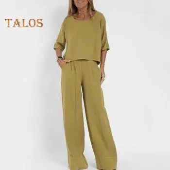 Комплект из 2 шт./компл., женский топ и брюки, комплект с V-образным вырезом, рукавом три четверти, свободная футболка, сплошной цвет, широкие брюки, повседневный комплект для поездок на работу, блузка и брюки 2XL жёлтый