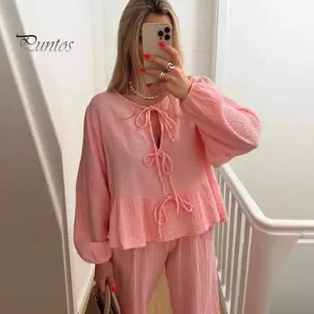 Комплект из 2 шт./компл., женский топ, брюки, комплект с круглым вырезом, длинным рукавом-фонариком, ажурная блузка с бантом, эластичная талия, плиссированные широкие брюки, комплект, повседневная повседневная одежда S хаки