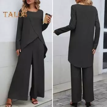 Комплект из 2 шт./компл., женский топ и брюки, комплект с круглым вырезом и длинными рукавами, блузка с нерегулярным подолом, эластичная талия, свободные широкие брюки, одежда для свиданий, комплект футболок и брюк XL темно-зеленого