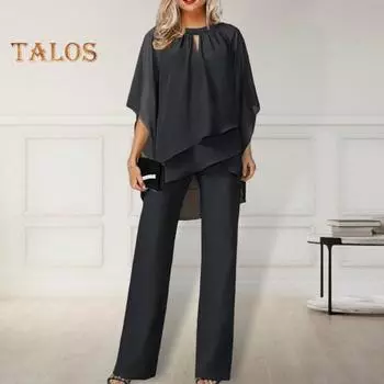 Комплект из 2 шт./компл., женский топ и брюки, комплект с открытыми рукавами и круглым вырезом, нерегулярный многослойный топ с широкими штанинами, однотонные брюки OL, повседневная одежда для поездок на работу 3XL вино красного