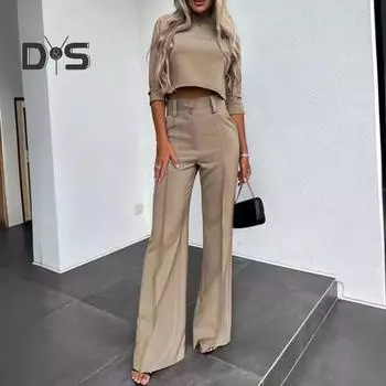 Комплект из 2 шт./компл., женский топ, брюки, комплект с длинным рукавом и круглым вырезом, облегающий короткий топ с высокой талией, широкие брюки, OL, блузка в деловом стиле, комплект брюк L хаки
