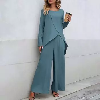 Комплект из 2 шт./компл., женский топ и брюки, комплект с круглым вырезом и длинными рукавами, блузка с нерегулярным подолом, эластичная талия, свободные широкие брюки, одежда для свиданий, комплект футболок и брюк XL темно-зеленого