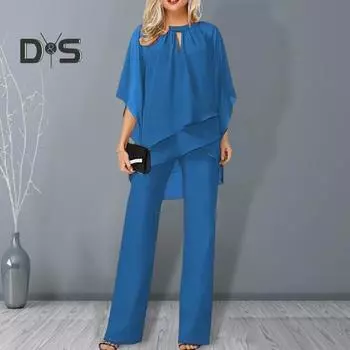 Комплект из 2 шт./компл., женский топ и брюки, комплект с открытыми рукавами и круглым вырезом, нерегулярный многослойный топ с широкими штанинами, однотонные брюки OL, повседневная одежда для поездок на работу 3XL белый