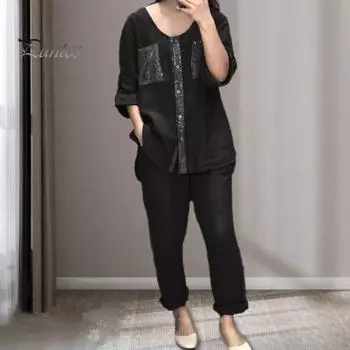 Комплект из 2 шт./компл., женский топ, брюки, комплект с круглым вырезом, сплошной цвет, блестящие блестки, рукава три четверти, футболка с запонками, широкие брюки с регулируемой талией L коричневый