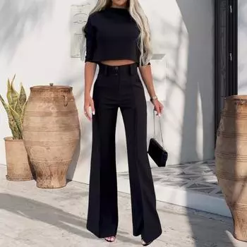 Комплект из 2 шт./компл., женский топ, брюки, комплект с длинным рукавом и круглым вырезом, облегающий короткий топ с высокой талией, широкие брюки, OL, блузка в деловом стиле, комплект брюк M розовый