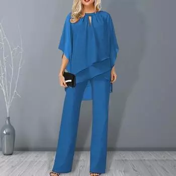 Комплект из 2 шт./компл., женский топ и брюки, комплект с открытыми рукавами и круглым вырезом, нерегулярный многослойный топ с широкими штанинами, однотонные брюки OL, повседневная одежда для поездок на работу 3XL темно-синий
